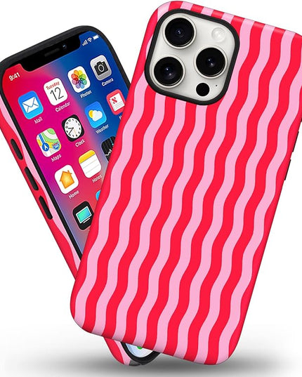 Magnetic for iPhone 14 Pro Max Case Cute Wavy Stripes Phone Case, Shockproof Slim TPU and Hard PC Protective Phone Cover Compatible with MagSafe Designed for Women Girls, Red