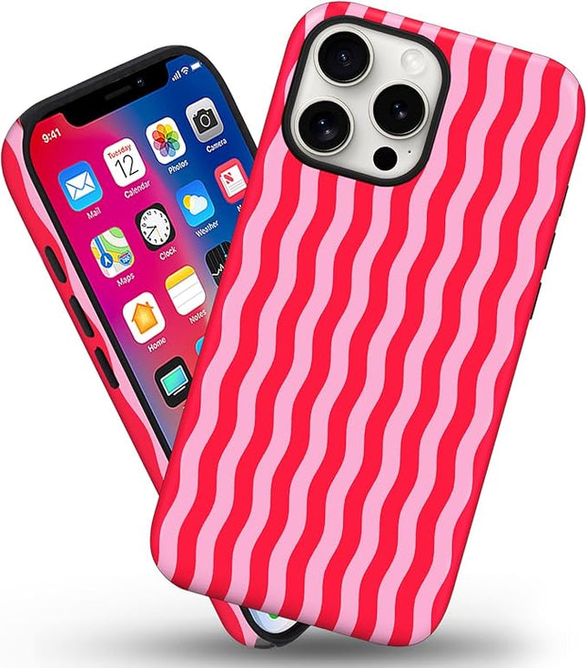 Magnetic for iPhone 14 Pro Max Case Cute Wavy Stripes Phone Case, Shockproof Slim TPU and Hard PC Protective Phone Cover Compatible with MagSafe Designed for Women Girls, Red
