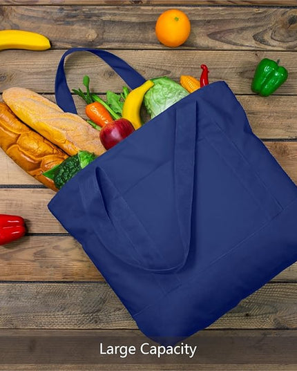 TOPDesign 3-Pack Canvas Tote Bags with an External Pocket, Reusable Grocery Shopping Bags, Top Zipper Closure, Daily Essentials (Blue)