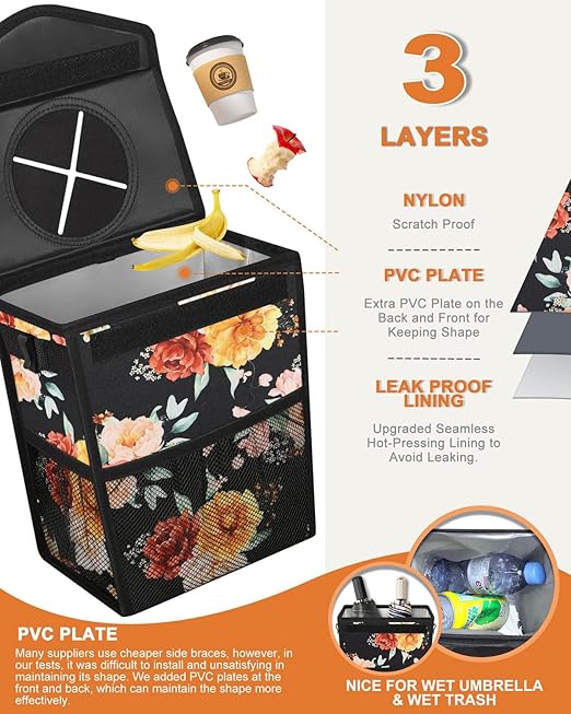Car Trash Can with Lid, Cute Leakproof Car Trash Garbage Bag Hanging Vehicle Trash Bin Small Portable Automotive Garbage Cans Organizer for Back/Front Seat/Console(Trapezoid,Rose)