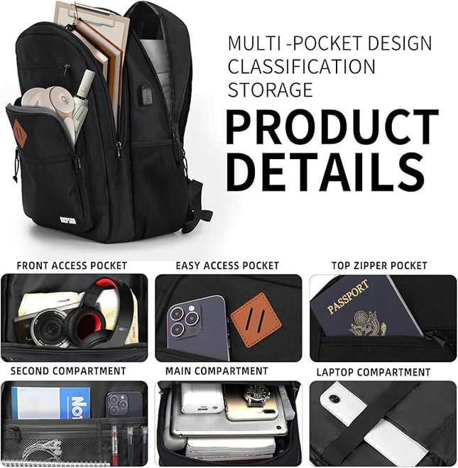Classic Backpack for Men Women, School Backpack for Girls Boy Teens,17.3 Inch Laptop Bookbag with USB Charger for College High School Work Business Computer Book Bag,mochilas para hombres,Black