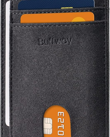 Buffway Slim Minimalist Front Pocket RFID Blocking Leather Wallets for Men and Women - At Sahara Carbon Black