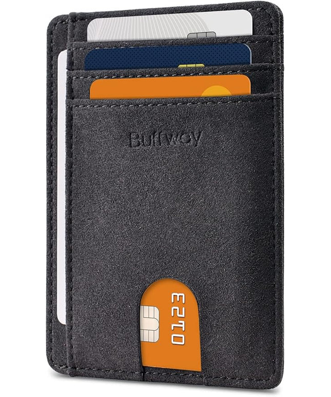 Buffway Slim Minimalist Front Pocket RFID Blocking Leather Wallets for Men and Women - At Sahara Carbon Black