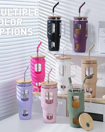 Glass Tumbler with Lid, 32 oz Glass Cup with Handle, Glass Water Bottles with Time Marker, 2 Straws - Pearl Straw & Silicone Protective Sleeve - Black