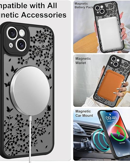 Cute Case for iPhone 14 Plus Case with Stand [ Compatible with MagSafe ] Kawaii Black Cat & Floral & Butterflies Pattern Design 360 Magnetic Ring Kickstand Phone Cover for Women Girls Boys
