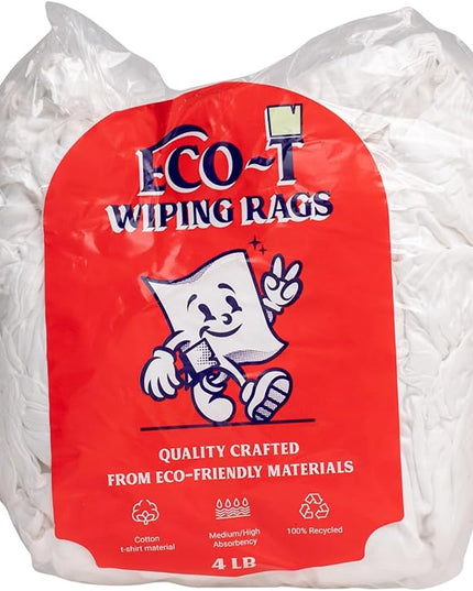 4 lb Bag Eco-T Paint Rags - White T-Shirt Material, 100% Recycled, Eco-Friendly, High Absorbency, Low Lint, Low-Cost, Painting and Cleaning Cloth