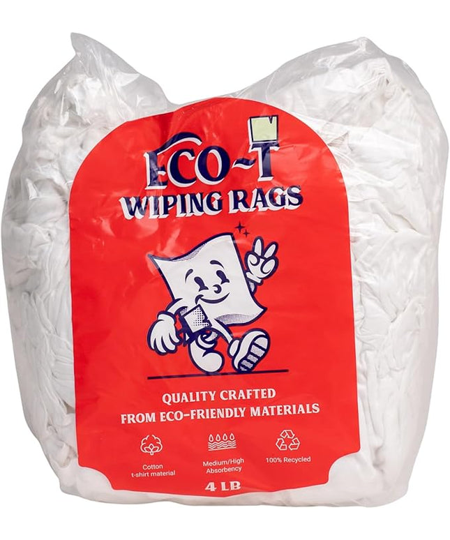 4 lb Bag Eco-T Paint Rags - White T-Shirt Material, 100% Recycled, Eco-Friendly, High Absorbency, Low Lint, Low-Cost, Painting and Cleaning Cloth