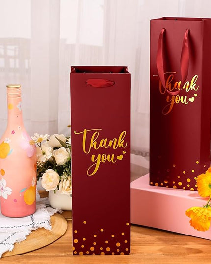 Ctosree 30 Pcs Wine Bottle Gift Bag with Handle 4.3x3.5x13.7 Liquor Paper Bag for Thank You Favor Gold Foil Kraft Whiskey Tote Carrier for Wedding Birthday Bridal Valentine's day Party(Burgundy)