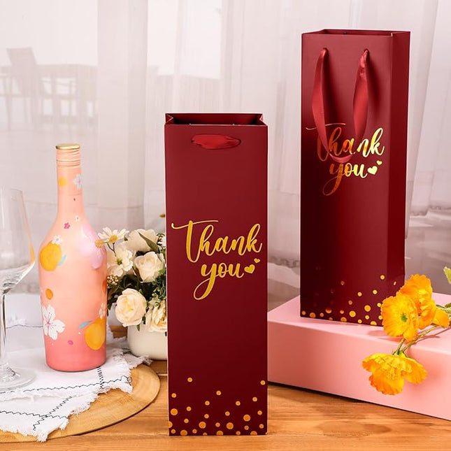Ctosree 30 Pcs Wine Bottle Gift Bag with Handle 4.3x3.5x13.7 Liquor Paper Bag for Thank You Favor Gold Foil Kraft Whiskey Tote Carrier for Wedding Birthday Bridal Valentine's day Party(Burgundy)