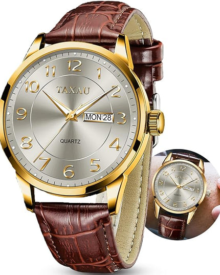 Mens Leather Watch Large Face Classic Quartz Mens Analog Watches Luxury Dress Watches for Men Waterproof Men's Wrist Watch Easy Read with Date Number Dial Relojes para Hombre