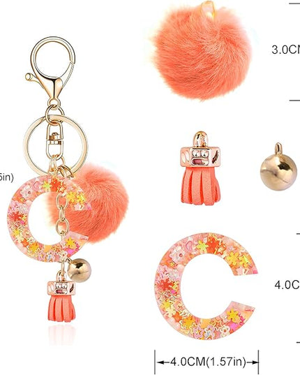 Resin Alphabet Initial Letter Keychain Keyring for Women Purse Handbags With Fur Ball Pom