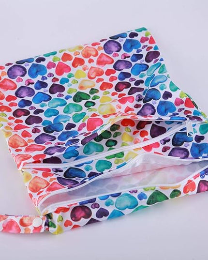Wet Dry Bag Baby Cloth Diaper Nappy Reusable Washable Two Pockets (Rainbow Hearts)