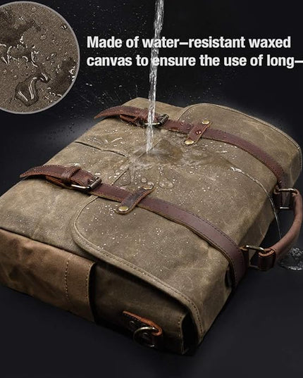 Mens Messenger Bag 15.6 Inch Waterproof Vintage Genuine Leather Waxed Canvas Briefcase Large Satchel Shoulder Bag Rugged Leather Computer Laptop Bag, Khaki