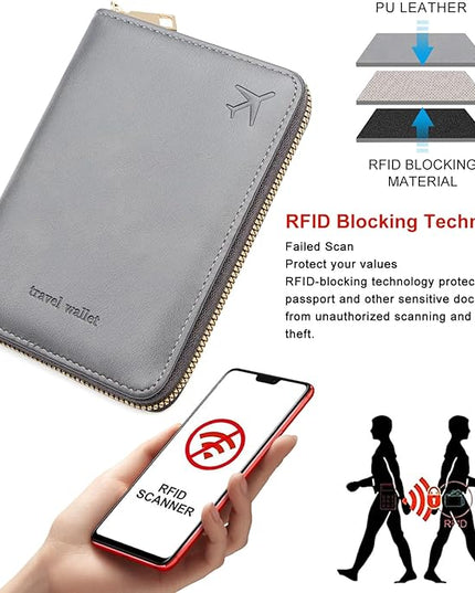 defway Passport Holder Travel Wallet - RFID Blocking Passport Holder Wallet, Full Zip Travel Card Cover with RFID Protection, Multi Slot Organizer for Cards Cash Documents Travel Essentials (Grey)