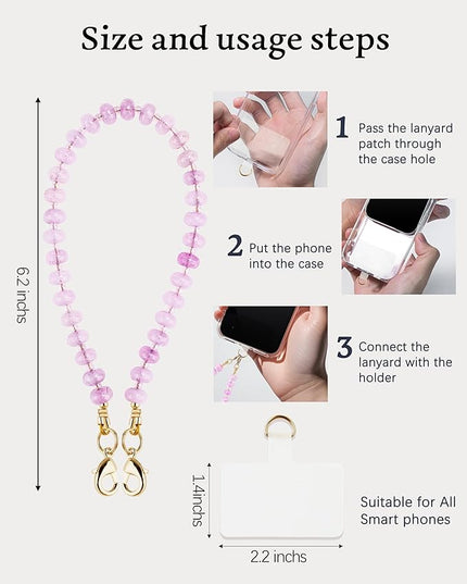 Natural Stone Beaded Phone Wrist Strap for Women – Detachable Chain Wristlet, Durable 304 Stainless Steel Core (Amethyst)