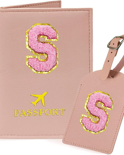 COSHAYSOO Initial Passport Cover Luggage Tag Set Letter Passport Holder Airplane Cruise Travel Essentials Vacation Traveling Accessories Personalized Gifts for Women Teen College Girls Pink S