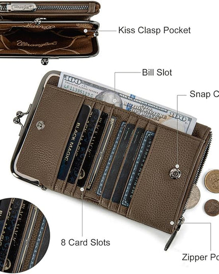 Montana West Wrangler Women's Wallet RFID Blocking Wallets Small Bifold Credit Card Holder with Kiss Clasp Coffee