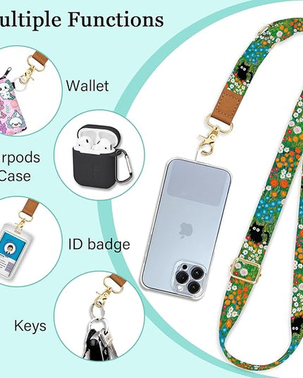 Phone Lanyard Crossbody Wrist Strap, Black Cat Flower Cell Phone Lanyards for Around the Neck Wristlet Shoulder, Adjustable Cute Strap for Car Keys Keychain Wallet ID Badge
