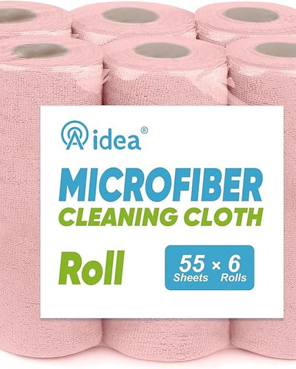 AIDEA Microfiber Cleaning Cloth 330 Sheets 6 Roll, Pink, Microfiber Towels for Cars, Shop Rags Washable,Cleaning Rags Reusable Paper Towels for Automotive, Mechanic, Workshops, House,11×9"