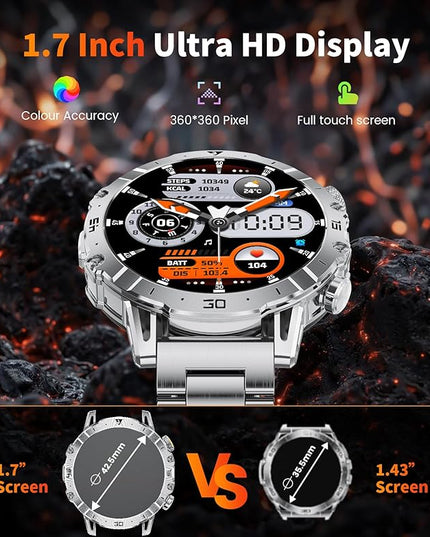 LIGE Smart Watches for Men 1000mAh Battery/LED Flashlight/3 Straps, 1.7" Ultra HD Screen Outdoor Smartwatch with 111 Sports Modes, Bluetooth Call 5ATM Waterproof Fitness Tracker Android iOS,Sliver