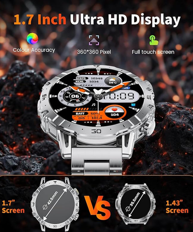 LIGE Smart Watches for Men 1000mAh Battery/LED Flashlight/3 Straps, 1.7" Ultra HD Screen Outdoor Smartwatch with 111 Sports Modes, Bluetooth Call 5ATM Waterproof Fitness Tracker Android iOS,Sliver