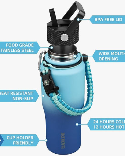 BJPKPK Insulated Water Bottles with Straw Lid, 23oz Metal Water Bottle with 2 lids & Paracord Strap, Double Wall Stainless Steel Vacuum Tumblers, Cups, Mugs, Thermo for Hot& Cold Drinks, Sky