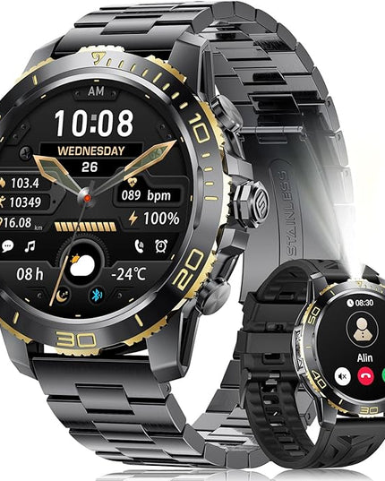 LIGE Smart Watches for Men, Make/Answer Call, 1.43" AMOLED Fitness Watch with Heart Rate/Sleep Monitor, 600mAH Battery, 200+ Sports Modes, IP68, Business Sport Smart Watch for Android iOS, Black Gold