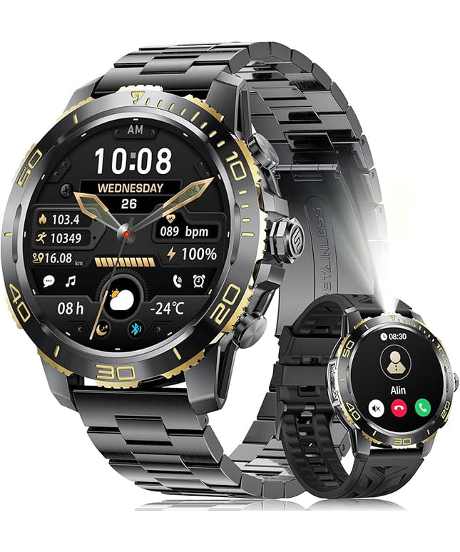 LIGE Smart Watches for Men, Make/Answer Call, 1.43" AMOLED Fitness Watch with Heart Rate/Sleep Monitor, 600mAH Battery, 200+ Sports Modes, IP68, Business Sport Smart Watch for Android iOS, Black Gold