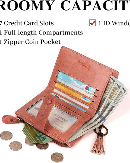 Blucoay Leather Wallet Women,RFID Blocking Small Wallets for Women Bifold Compact Card Holder With Zipper Coin Pocket ID Window Pink
