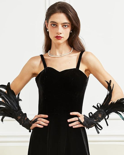 Women's Long Gothic Lace Gloves Feather Fingerless Gloves Stretch Wrist Cuffs for Wedding Party Halloween