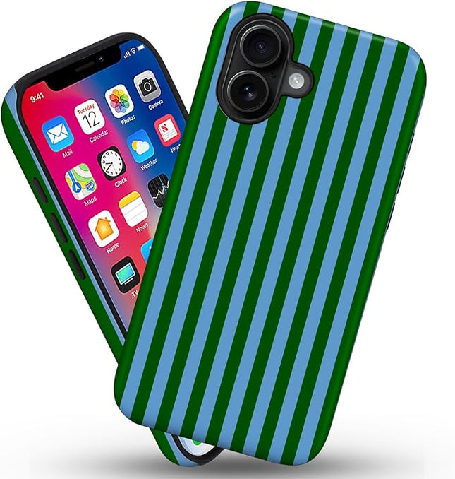 Magnetic for iPhone 16 Case Cute Stripes Phone Case, Shockproof Slim TPU and Hard PC Protective Phone Cover Compatible with MagSafe Designed for Women Girls, Green and Blue