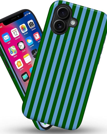 Magnetic for iPhone 17 Case Cute Stripes Phone Case, Shockproof Slim TPU and Hard PC Protective Phone Cover Compatible with MagSafe Designed for Women Girls, Green and Blue