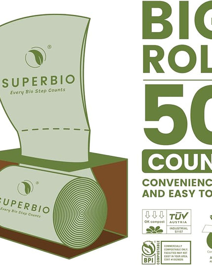 SUPERBIO 13 Gallon Flat Top Compostable Food Waste Bags, 50 Count, 2 Pack, 49.2L, 0.87 Mil, ASTM D6400 BPI and OK compost INDUSTRIAL