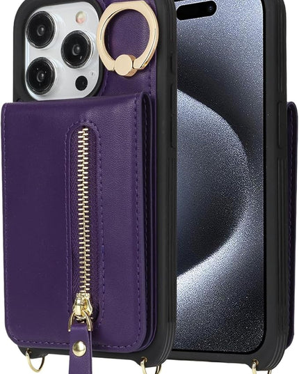 for iPhone 15 Pro Wallet Case with Card Holder, for iPhone 15 Pro Case Wallet with Strap Credit Card Slot, Crossbody Bag with Zipper Case for iPhone15 Pro - Purple