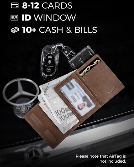 LORZOR Wallet for Men with Metal Card Holder, Pop Up Wallet, Finest Full Grain Leather Trifold Wallet, Smart, Minimalist, RFID Blocking, Front Pocket, ID Window