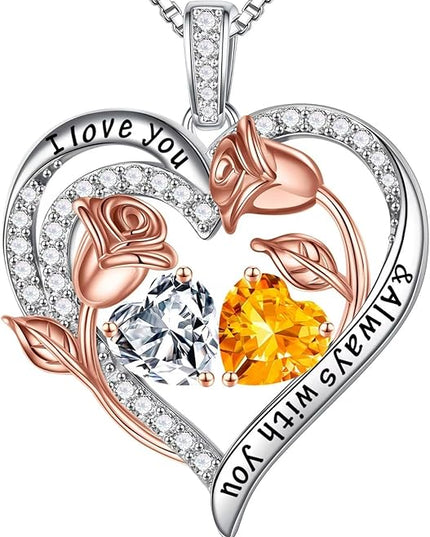 Iefil Christmas Gifts for Women Wife - 925 Sterling Silver Rose Heart Birthstone Necklace Birthday Anniversary Jewelry Gifts for Her Wife Mom Daughter