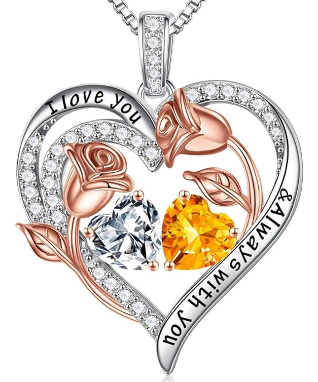 Iefil Christmas Gifts for Women Wife - 925 Sterling Silver Rose Heart Birthstone Necklace Birthday Anniversary Jewelry Gifts for Her Wife Mom Daughter