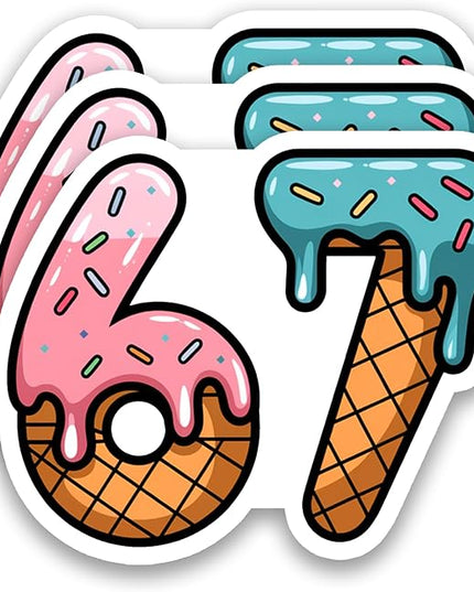 (3Pcs) 67 Ice Cream Drip Meme Stickers Funny Six Seven Gen Alpha Slang 6 7 Numbers Vinyl Decals Waterproof for Laptop, Water Bottle, Tumbler, Scrapbook, Phone Case, 3" x 2.5"