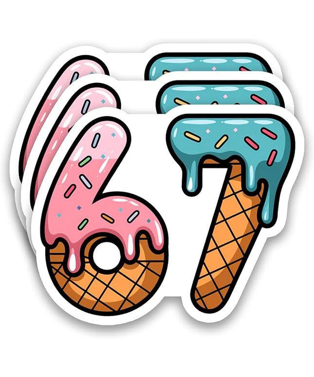 (3Pcs) 67 Ice Cream Drip Meme Stickers Funny Six Seven Gen Alpha Slang 6 7 Numbers Vinyl Decals Waterproof for Laptop, Water Bottle, Tumbler, Scrapbook, Phone Case, 3" x 2.5"