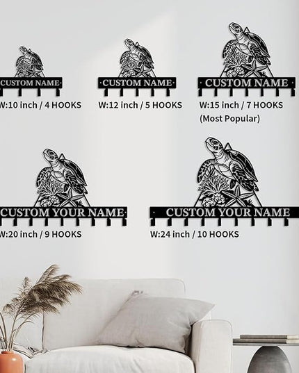 Casebrick Custom Sea Turtle Metal Wall Hooks,Key Holder-Personalized Iron Wall Decor for Keys, Coats & Home Organization (Black, Handmade,Decorative for Entryway, Beach,Bedroom,Office) (Style M)