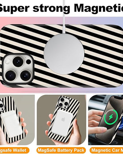 Magnetic for iPhone 14 Pro Case Cute Diagonal Stripes Phone Case, Shockproof Slim TPU and Hard PC Protective Phone Cover Compatible with MagSafe Designed for Women Girls,Black and White