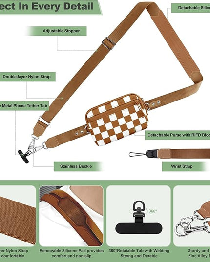 Clip and Go Strap for Phone with Wallet Crossbody, Adjustable Phone Lanyard with Detachable RFID Wristlet Wallet, Phone Strap with Phone Tabs for All Phones, Bronze Checkered (M)