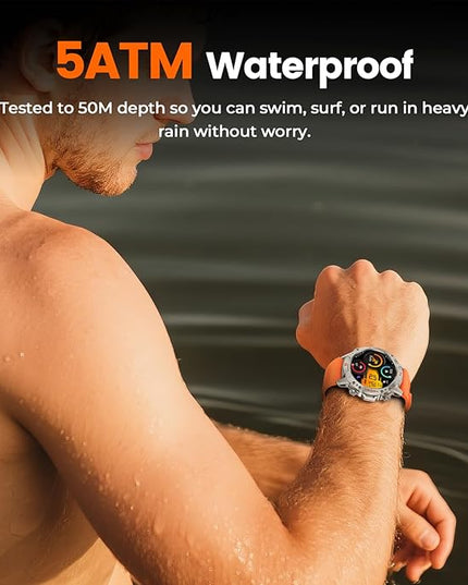 WalkerFit Smart Watch for Men, 1.43" Round AMOLED, 5ATM Waterproof, Heart Rate & Sleep Monitor,Long Battery,Outdoor Activity Tracker,Voice Control&Bluetooth Call,Compatible with iPhone Android, Orange