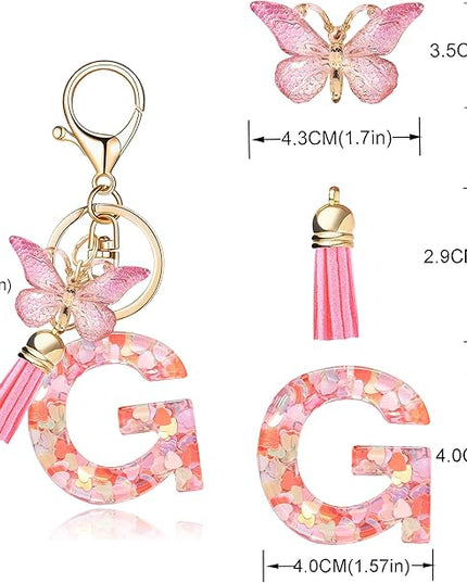 Fashion Alphabet Initial Letter Keychain Tassel Butterfly Pendant Key Ring for Purse Handbags Women Girl