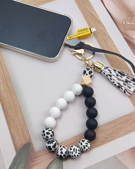 Phone Lanyard Silicone Beaded Phone Wrist Strap Cute Elastic Cell Phone Wristlet Chain Bracelet with 2 Tether Tab
