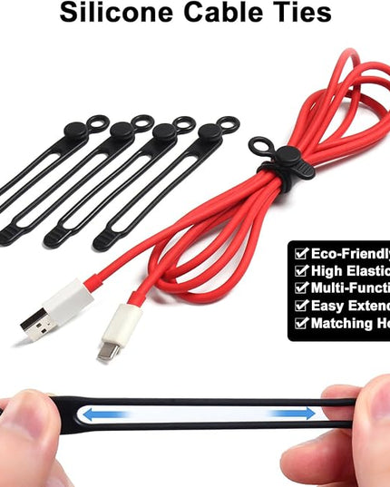 48Pcs Cord Organizer Kit, Reusable Elastic Silicone Cable Ties, Strong Adhesive Cable Clips for Cable Management, Multipurpose Wire Management for Bundling and Fastening Various Wires (Black）