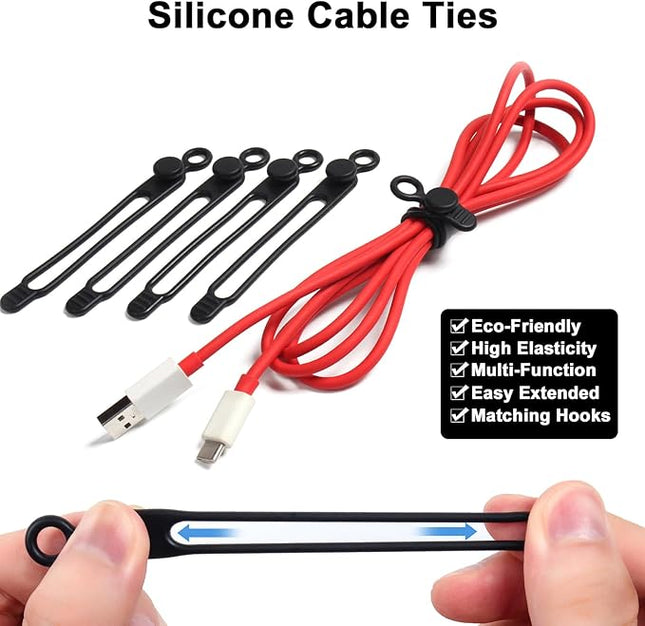 48Pcs Cord Organizer Kit, Reusable Elastic Silicone Cable Ties, Strong Adhesive Cable Clips for Cable Management, Multipurpose Wire Management for Bundling and Fastening Various Wires (Black）