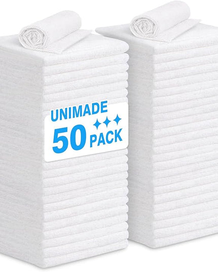 Shop Towel Rags, 50 Pack Reusable Shop Rags Bulk Microfiber Cleaning Cloth Lint Free Cleaning Towels for Car Kitchen Automotive Bar Mechanic Restaurant Garage, 11.5"x 11.5", White