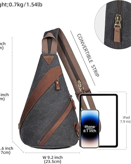 KL928 Canvas Sling Bag for Men Women, Genuine Leather Design Shoulder Crossbody Bags Backpacks Travel Daypack with Earphone Hole Rucksack, Black