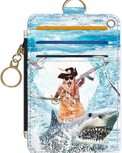 Slim Wallet Credit Card Holder, Sharks and Cats, RFID Wallet Women Cute Small Front Pocket Wallet With Zipper, PU Leather Thin travel RFID Blocking Card Case ID Window,Ladies Gifts